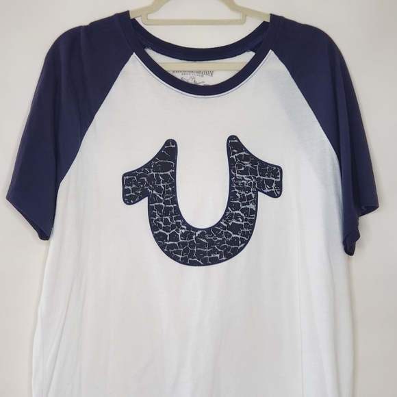 True Religion Horseshoe Buddha Men's Tee Shirt Size XL Logo Cotton Baseball Top - Picture 2 of 9